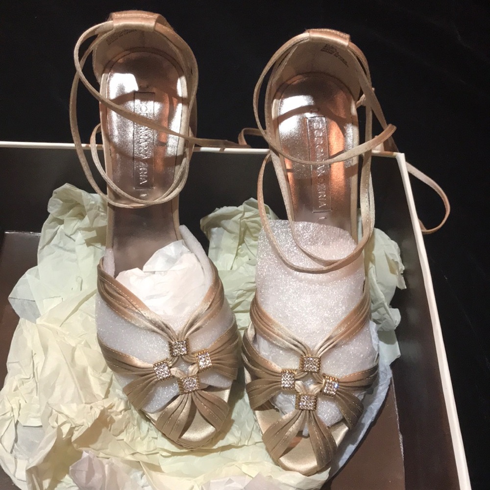 Satin Champagne Elise Platform heels.